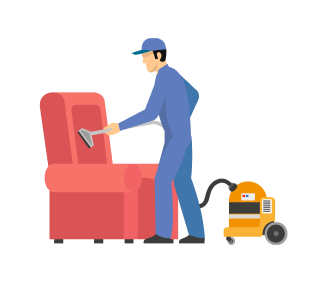 A male cleaner cleaning sofa with vaccum machine