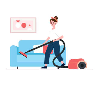 A female cleaning the sofa in an apartment